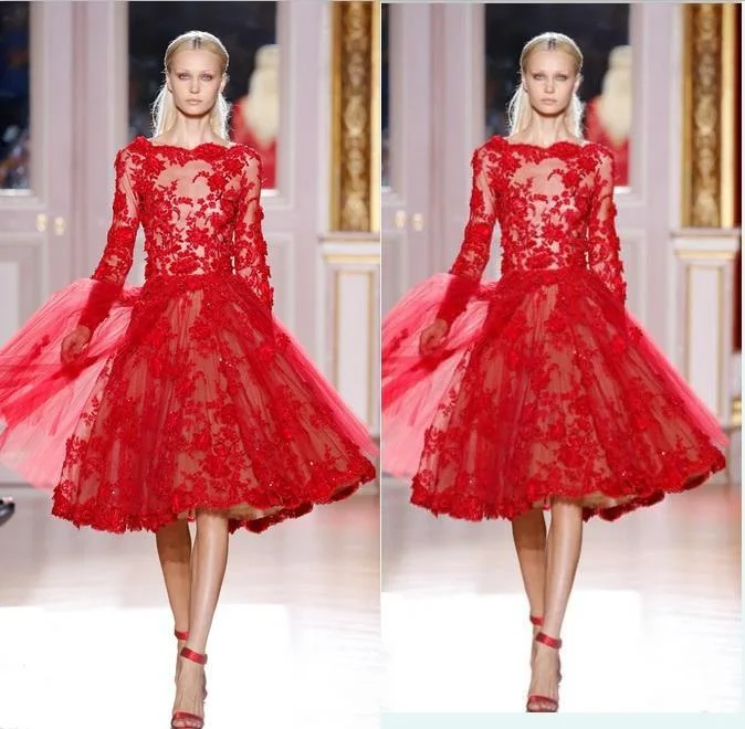 

Elegant Red Lace Long Sleeve 2018 Vestido De Festa High Quality Vintage A-Line Party Prom Gowns