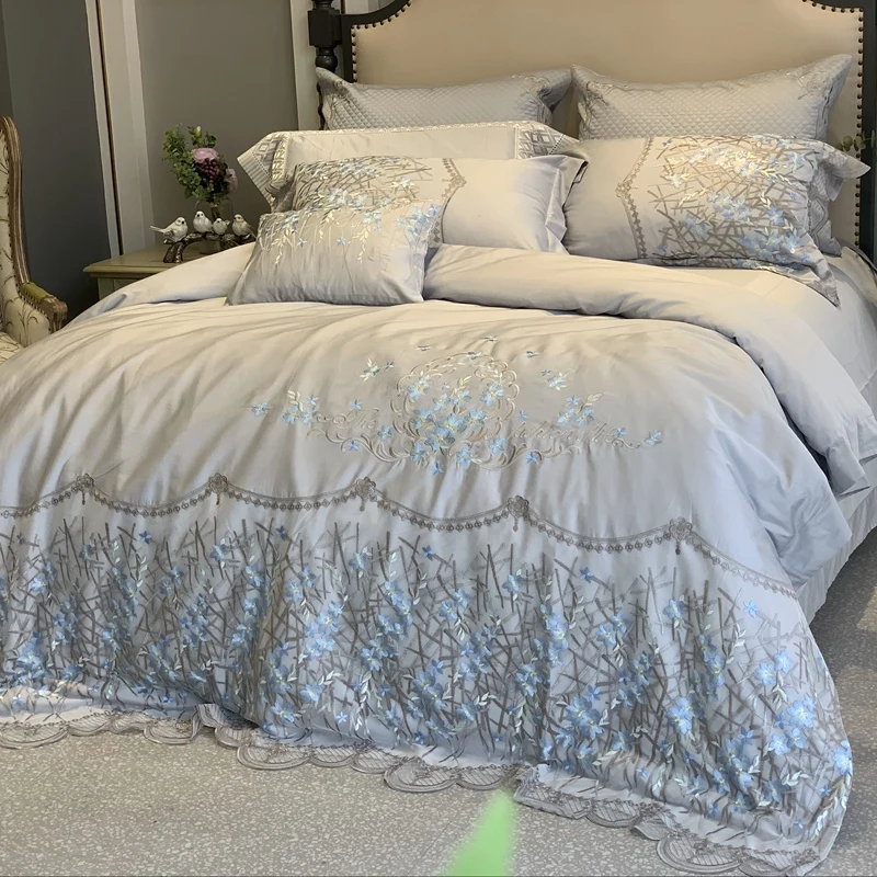 

New Luxury Gray Flowers Embroidery 100S Egyptian Cotton Palace Bedding Set Lace Duvet Cover Bed Linen Bed sheet Pillowcases 4pcs
