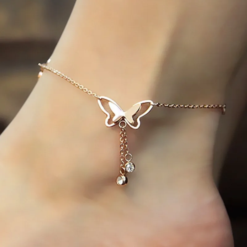 Красивая бабочка кристалл кисточкой ножной браслет для женщин Титан Нержавеющая сталь Розовое Золото Серебро Цвет ножной браслет на ногу ножные браслеты