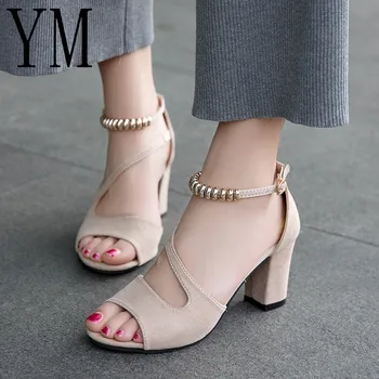 

Big 40 spring Sexy Fish Mouth Hollow Roman Sandals Thick With a Word with Beaded High heels Female Summer Sexy Female Sandals