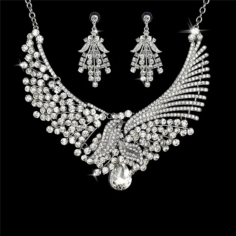 

KLEEDER Luxury Crystal Jewelry Set Feather Pendant Necklace Earrings Set for Bridal Wedding Party Fashion Jewelry With Gift Box