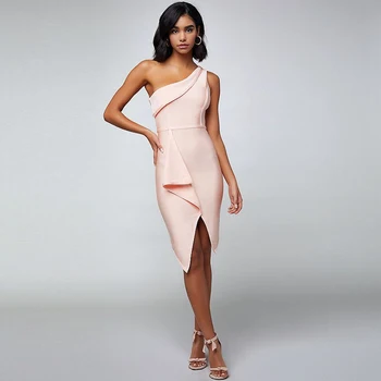 

Fashion Bandage Dress Sexy Women Night Club Evening Party The waist belt Sleeveless Body Con One-Shoulder Dresses Wholesale