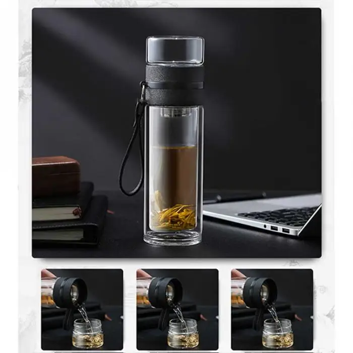 Transparent Glass Tea Cup Portable Water Tea Bottle with Separate Cup@LS