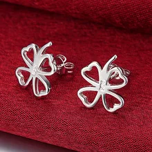 925 Silver Color Four-Leaf Clover Stud Earrings For Women Best Gift Wholesale High Quality Jewelry oorbellen zinc alloy rushed earing 2018 xionggui new arrival korean color rhinestones flower earrings piercing four leaf clover