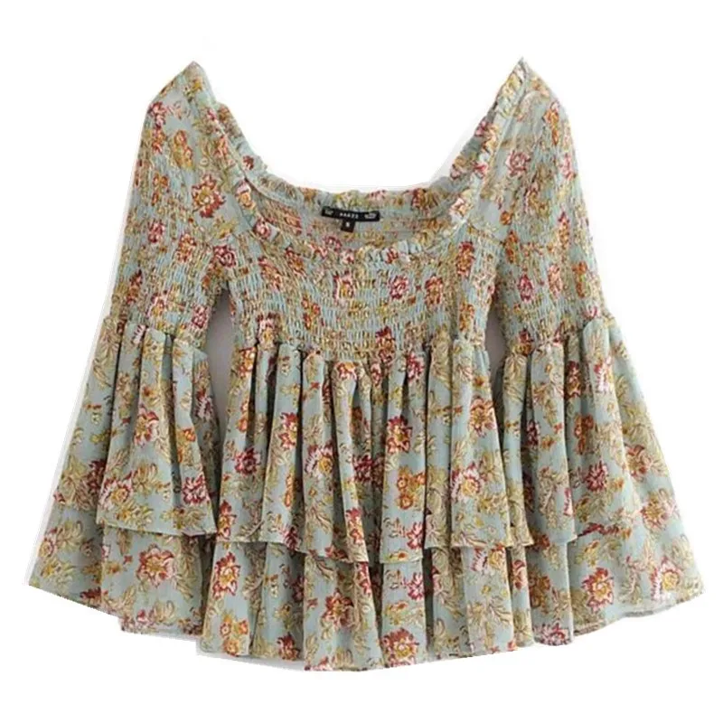 2019 Bohemian Elastic Slash neck Floral Print Ruffles Chiffon Shirt Women Flare Long Sleeve Blouse Green Slim Tops