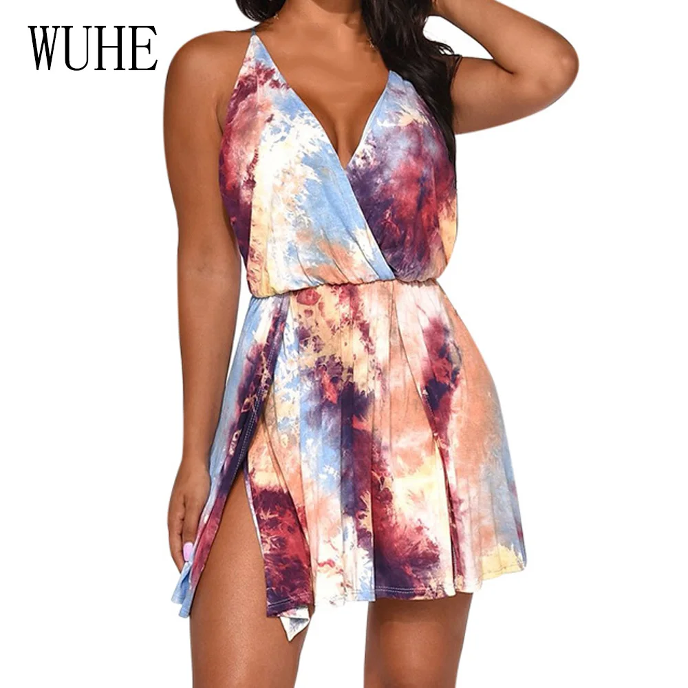 

WUHE Fashion Women Summer Vintage Print Dress Sleeveless Sexy Spaghetti Strap Backless V Neck Loose Beach Party Mini Dress