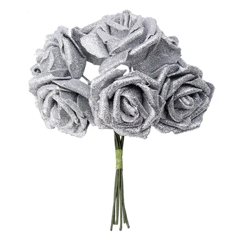 

7 Foam Rose Artificial Flower Glitter Bridal Bouquet Home Wedding Decoration Silver color according to the picture