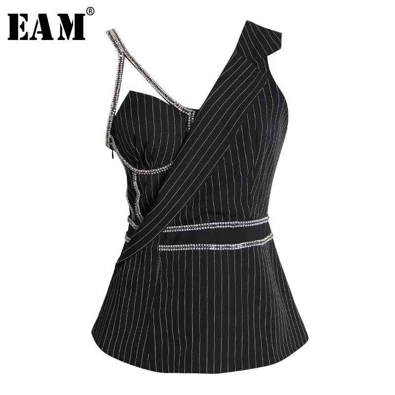 

[EAM] 2019 New Spring Summer V-collar Sleeveless Black Rhinestone Striped Split Joint Loose Vest Women Fashion Tide JW660