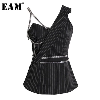 

[EAM] 2020 New Spring Summer V-collar Sleeveless Black Rhinestone Striped Split Joint Loose Vest Women Fashion Tide JW660