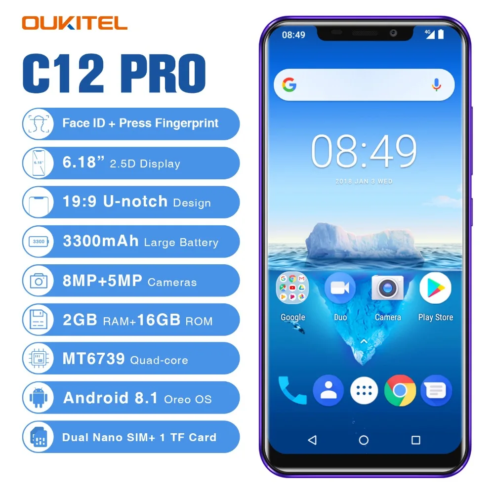 Hot Sale OUKITEL C12 Pro 4G Smartphone Face ID 6.18Inch 19:9 U-notch Display Android 8.1 2GB RAM 16GB ROM 3300mAh Mobilphone