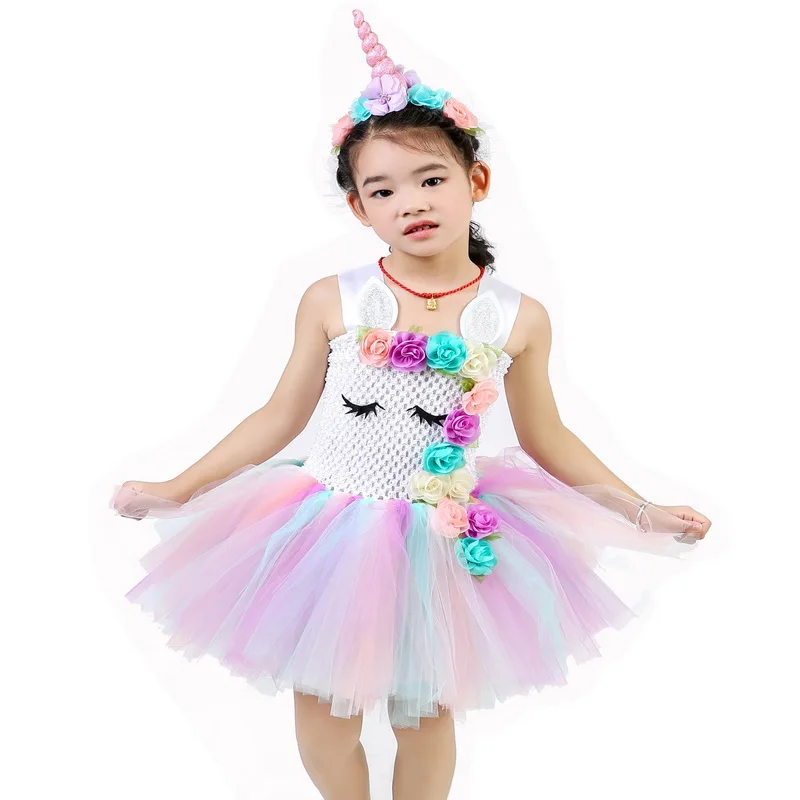 Girls Unicorn Flowers Tutu Dress With Headband Cotton Lining Matching Horn Hair Hoop Set for Kids Birthday Theme Party Dress