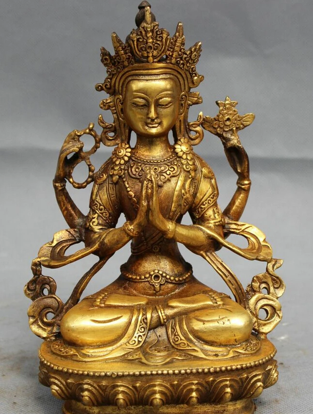 

song voge gem S4744 8" Tibet Bronze Gilt Folk 4 Arms Chenrezig Buddha Statue China Kwan-Yin Joss Set