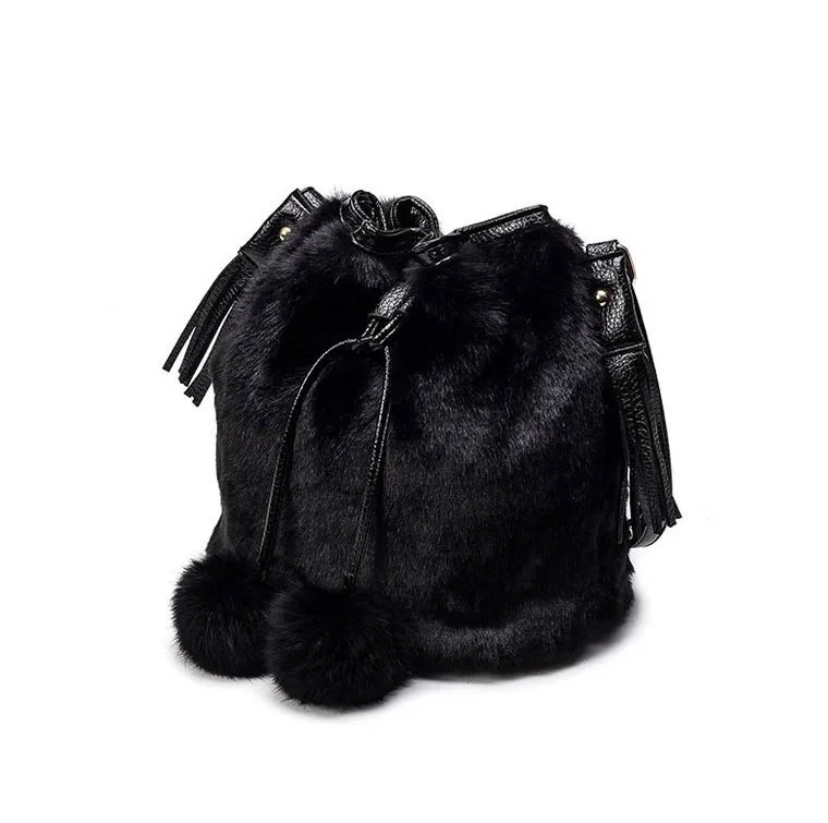 Fashion Strap Bucket Bag Women High Quality Pu Leather Shoulder Bag Ladies Crossbody Fake Fur Bags Satchel Tote Purses Bags