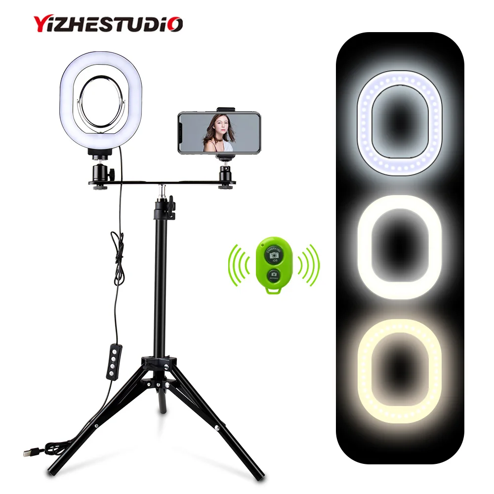 

Yizhestudio 2 in 1 LED Light Ring Lighting Kit Photo Lamp for Video Live Youtube Selfie lamp with Bluetooth Tripod Phone Hold