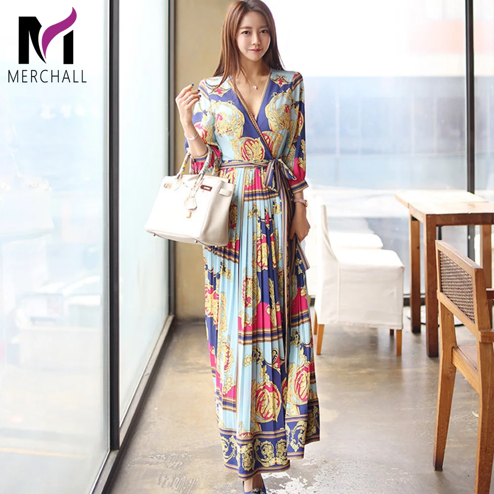Elegant Cross V Neck Sashes Long Dress Women 2019 Summer Holiday Vintage Print Pleated Dresses Waist Swing Ankle-length Vestidos Elegant Cross V Neck Sashes Long Dress Women 2019 Summer Holiday Vintage Print Pleated Dresses Waist Swing Ankle-length Vestidos