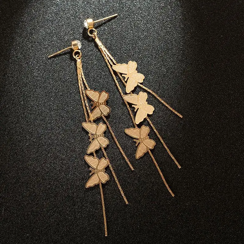 Корейские новые модные массивные серьги с кристаллами, длинные висячие серьги с кисточкой, Серебряная Золотая Бабочка, висячие серьги для женщин, ювелирные изделия Oorbellen - Окраска металла: Золотой цвет