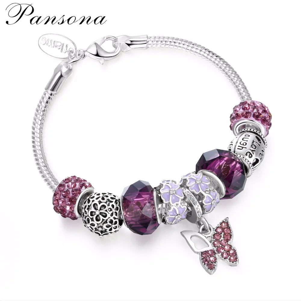 Glass Beads Purple butterfly Charm Bracelet Silver Crystal Heart bead