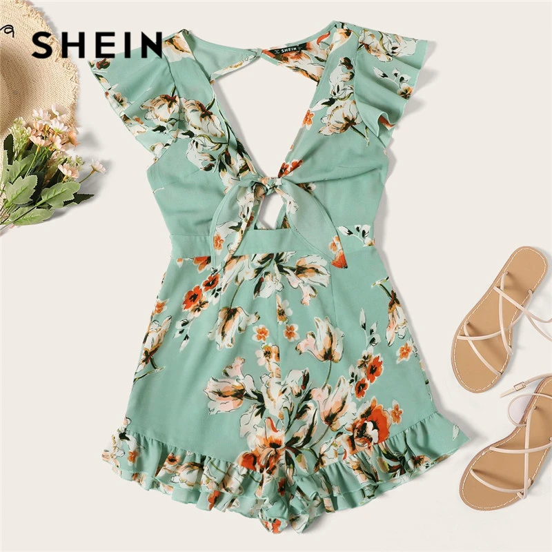 

SHEIN Ruffle Hem Knotted Front Backless Floral Summer Romper Women Sleeveless Mid Waist Deep V Neck Sexy Romper Womens Jumpsuit
