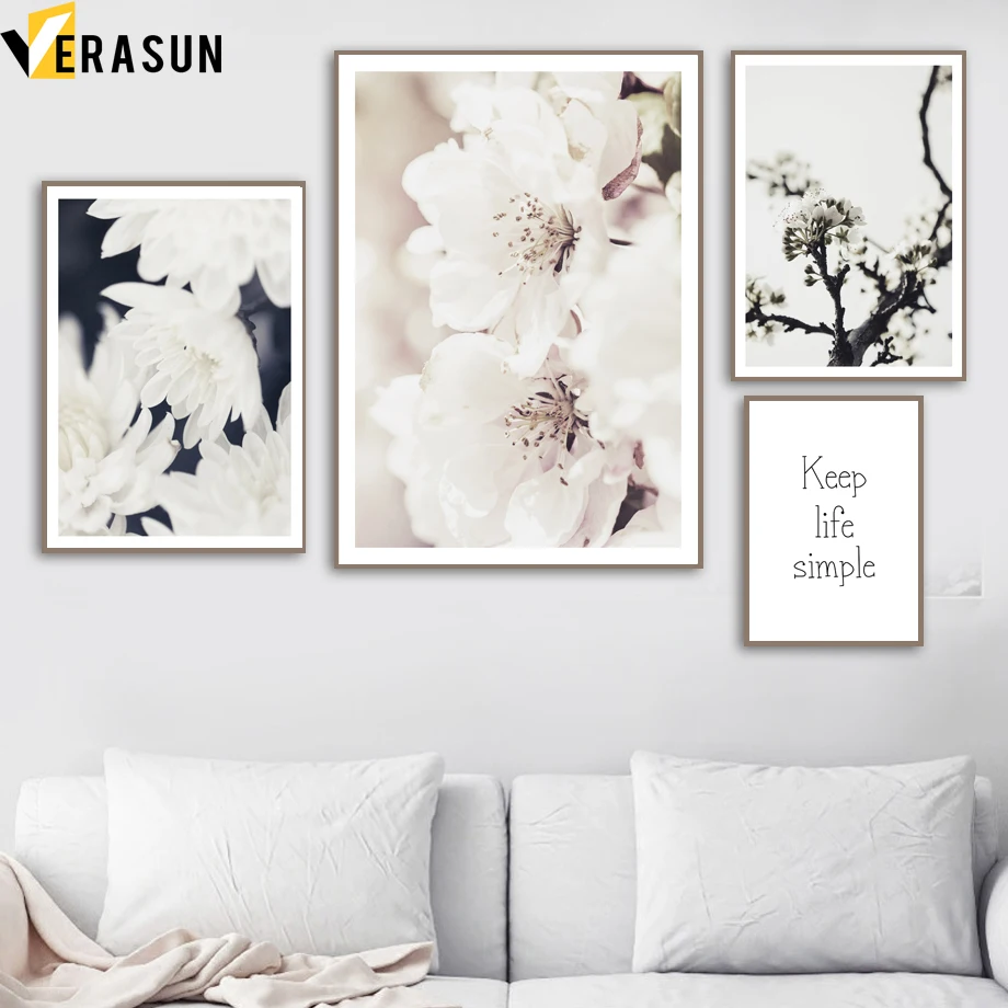 

White Daisy Peach Blossom Keep Life Simple Wall Art Canvas Painting Nordic Posters And Prints Wall Picture For Living Room Decor