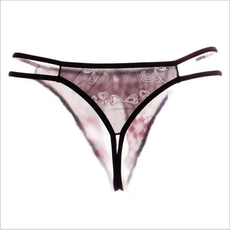 

Super sexy women T-panties triangle pink with black belt Transparent Lace Embroidery Hollow Out open crotch women G-String thong