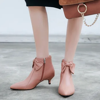 

brand shoes new fashion bow genuine leather women autumn winter ankle boots for women high heels zip black women dress pumps