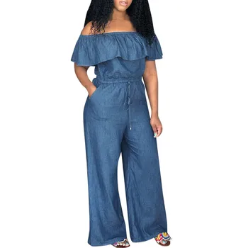 

Women Off Shoulder Denim Jeans Look Long Party Club Playsuits Straight Jumpsuits Solid harem jumpsuit Sashes Decoration july 8