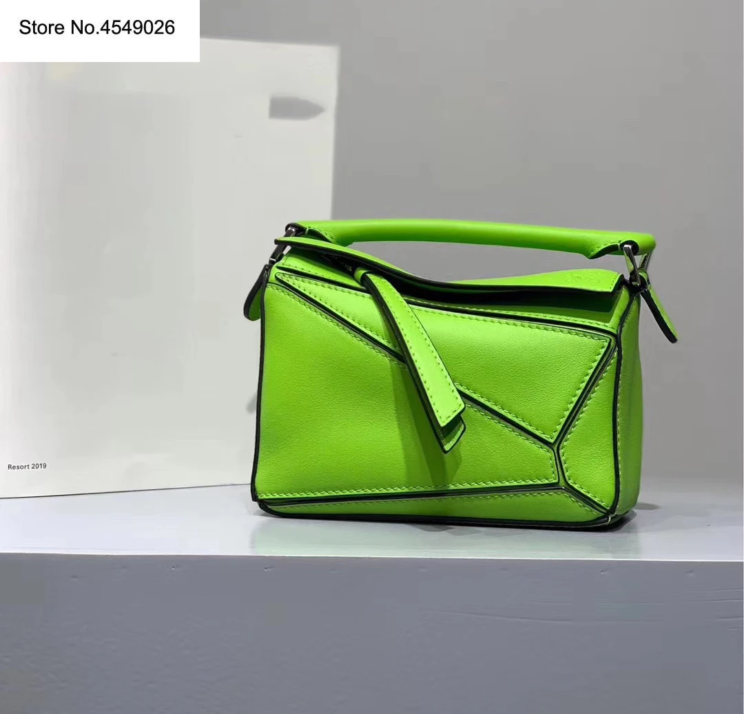 

Green Mini Handbag Splice Geometry BagGenuine Leather Bag Slant Handbag Pure Color Geometric Bag Crossbody Vocation Ins Designer