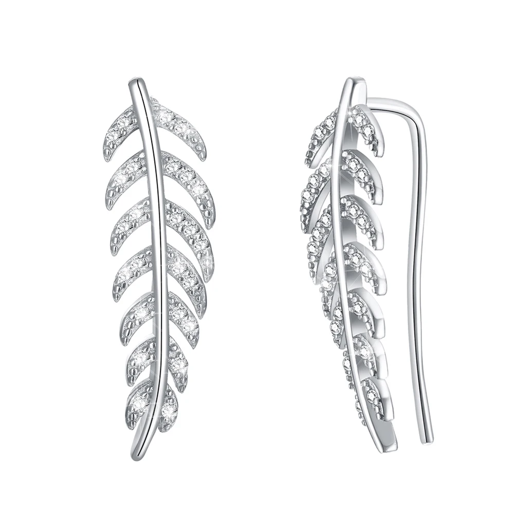 

Fashion Silver Color Zircon 925 Sterling Silver Leaf Earrings Ear Crawler Studs Earrings Cuff