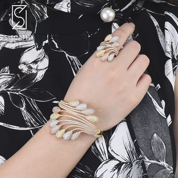 

SisCathy Fashion Full Cubic Zirconia Width Feather Bracelet Ring Jewelry Sets Charm Inlaid Wedding parure bijoux femme