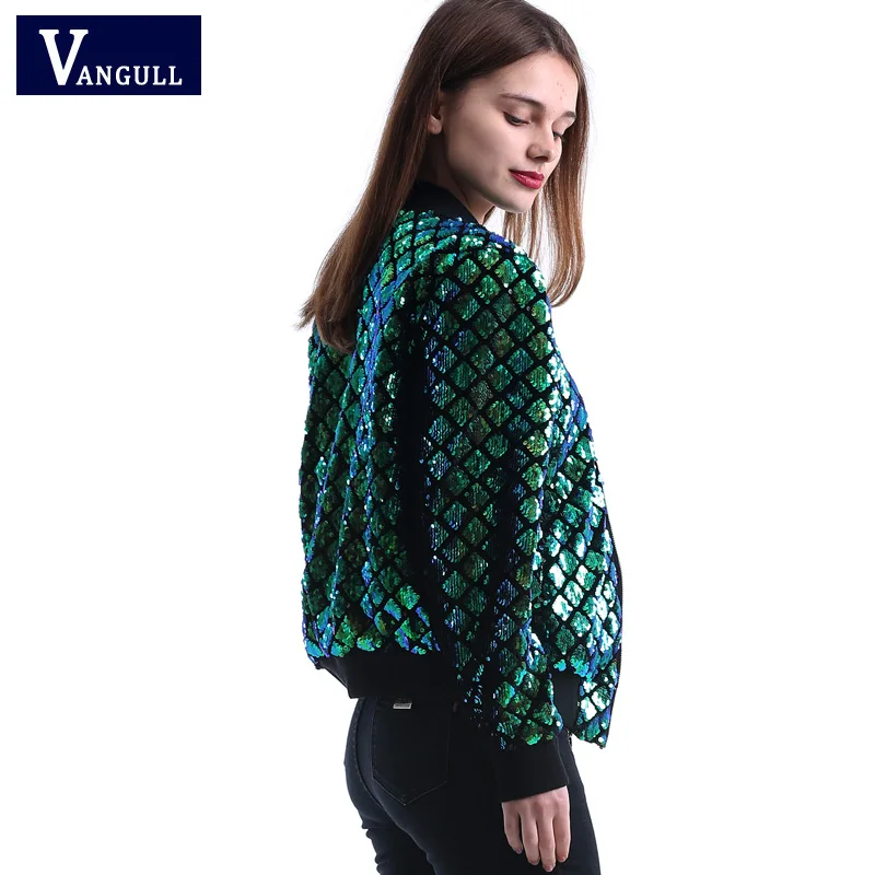 Vangull новое весенне осеннее Женское пальто с блестками зеленая куртка бомбер