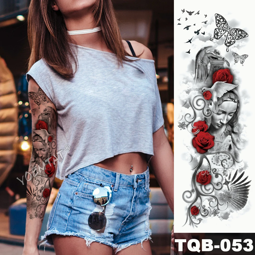 Large Arm Sleeve Tattoo Sculpture Angel Waterproof Temporary Tattoo Sticker Rose Butterfly Pigeon Men Holy Skull Tatoo Women Temporary Tattoos Aliexpress