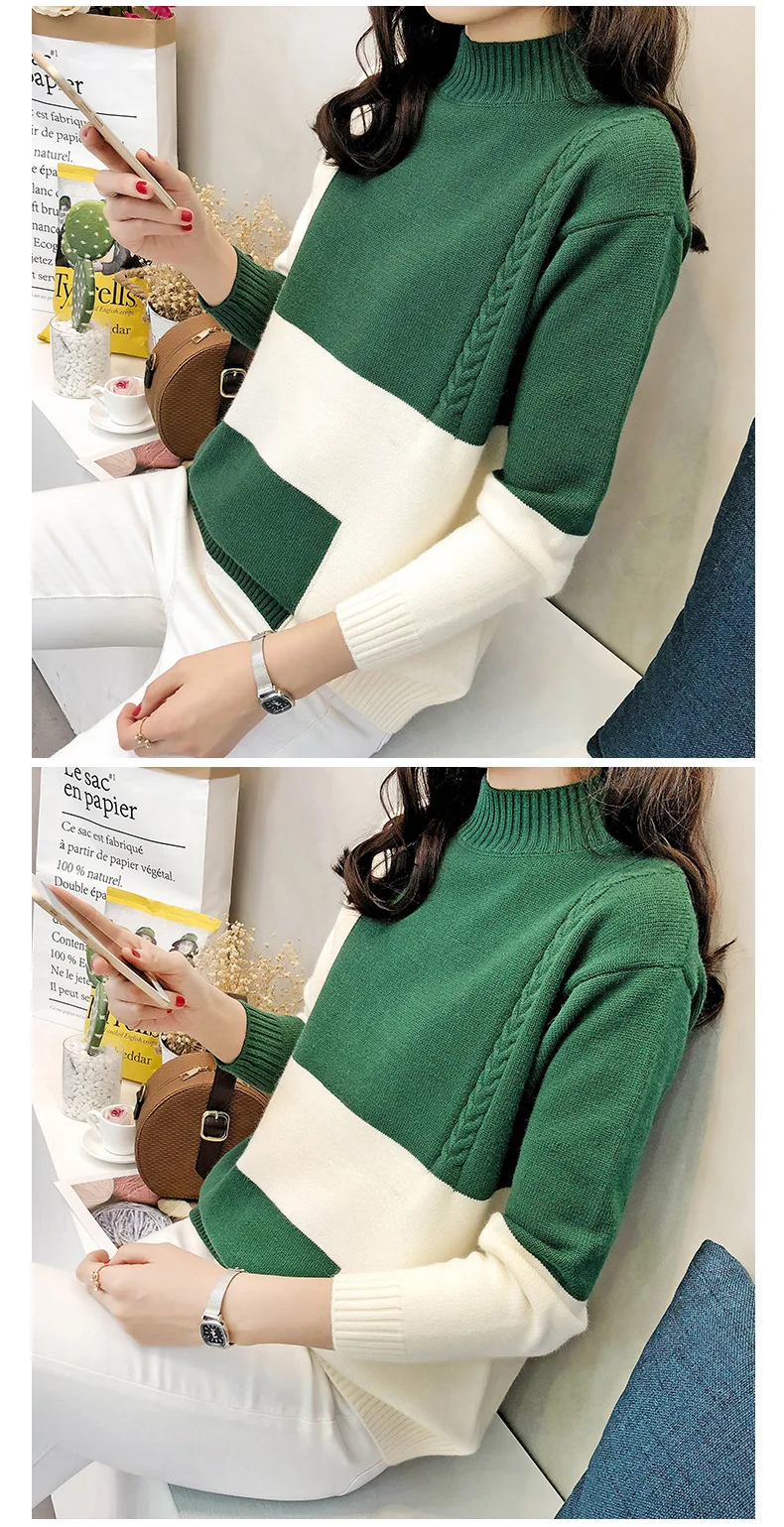 Контраст Цвет зимний свитер Для женщин 2018 джемпер с длинными рукавами Для женщин свитер и пуловер вязаный свитер женский тянуть роковой LY1312