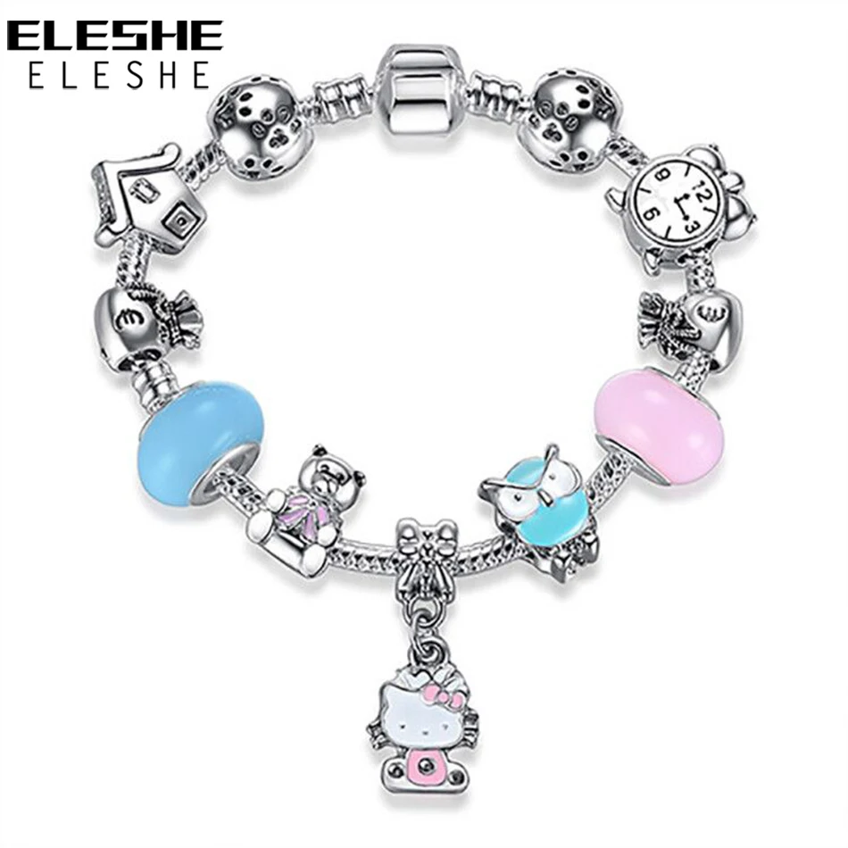 ELESHE Dropshipping Kitty Cat Charm Bracelet With Pink Marano Glass Crystal Beads Fit Original Bracelet For Women Kids Gift