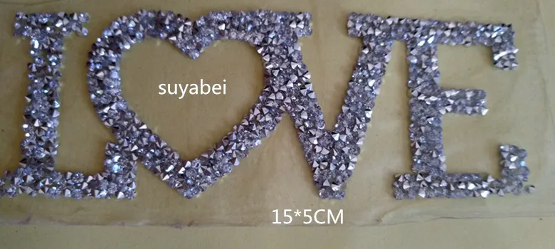 3pc/lot Love heart hot fix rhinestones applique patches iron on crystal transfers design strass iron on for bag shoes sweater