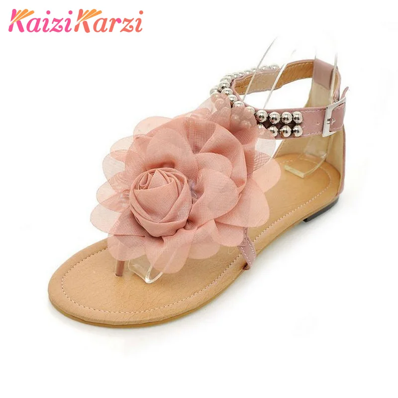 

KaiziKarzi Gladiator Sandals Women Bohemia Summer Flower Flat Heels Flip Flops Women's Shoes Tstraps Sandals Size 34-43 PA00271