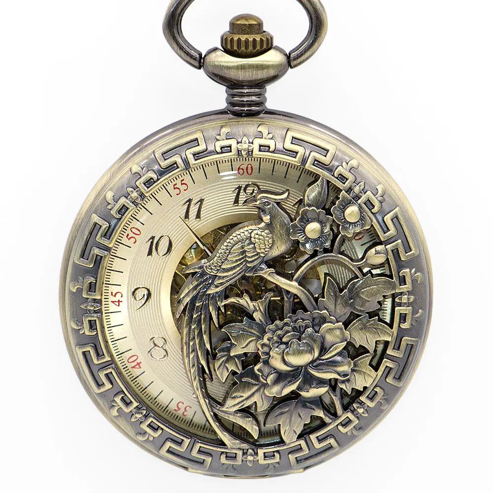 

Elegant Bronze Bird Eagle Mechanical Pocket Watch Hand Wind Skeleton Men Women Watch Chain PJX1340