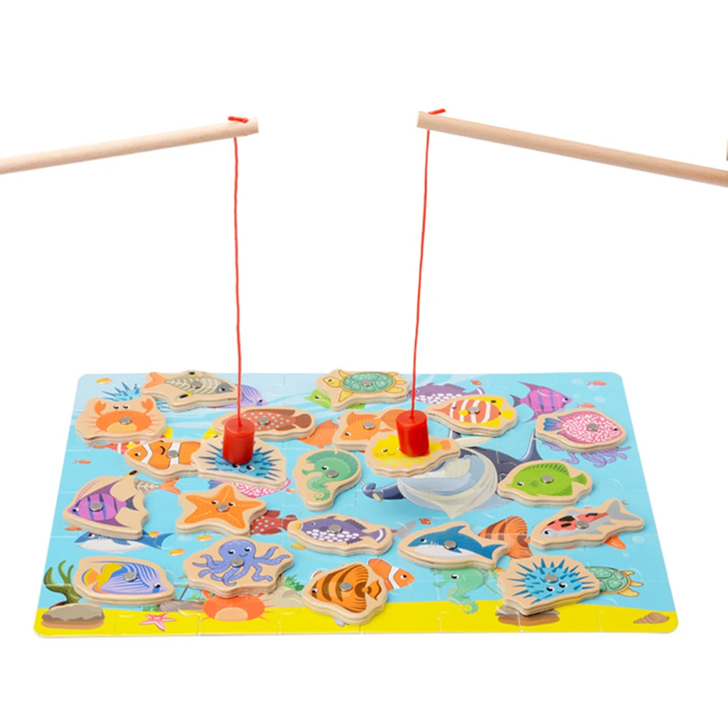3 in One Magnetic Fishing Game Toy, 20 Wooden Fish Animal Model & 2 poles with Ocean Jigsaw Puzzle Board Educational Pretend Toy