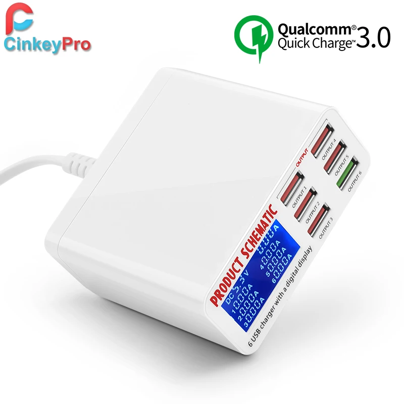 

CinkeyPro LED Display USB Charger for iPhone iPad Samsung Quick Charge 3.0 6 Ports Fast Charging 5V/8A Travel Adapter Universal