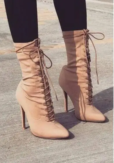 

2019 womens casual lace up boots autmn high heels pointed toe shoes
