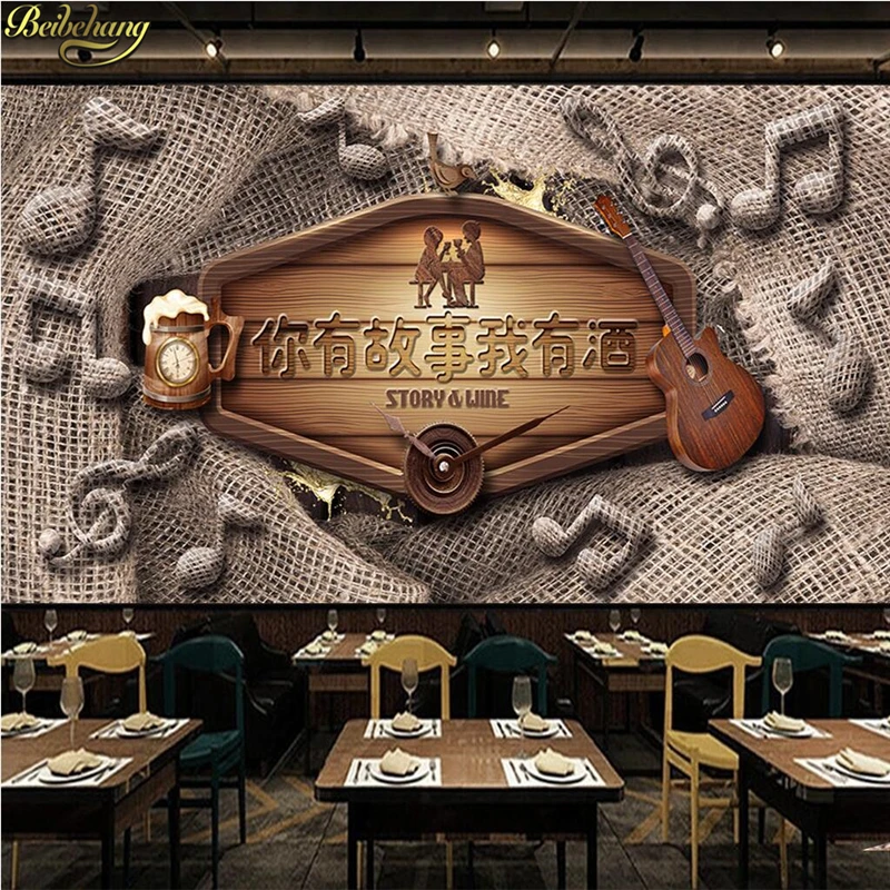 beibehang Custom Photo Wallpaper Mural Nostalgic Vintage Burlap Wood Barrel Musical Notes Tooling Wall papel de parede