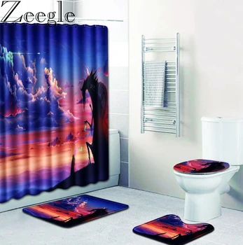 

Zeegle 4 Pcs Carpet Bathroom Foot Pad Printed Bath Mat and Shower Curtain Set Toilet Seat Covers Home Decor Memory Foam Bath Mat