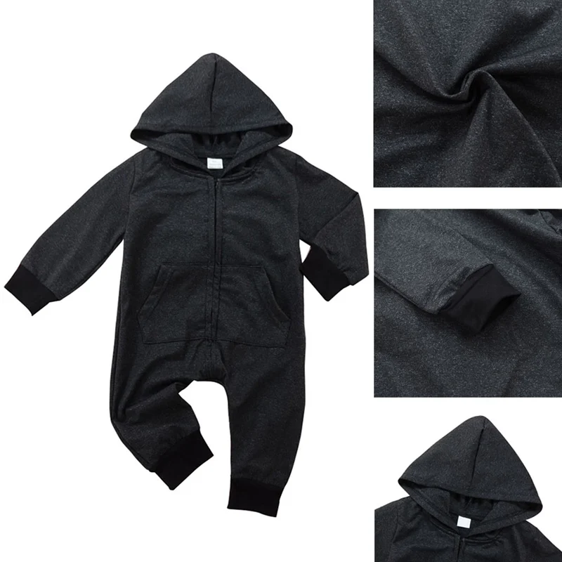 Solid Black Cute Cotton Baby Romper Long Sleeve Hooded Infant Suit One