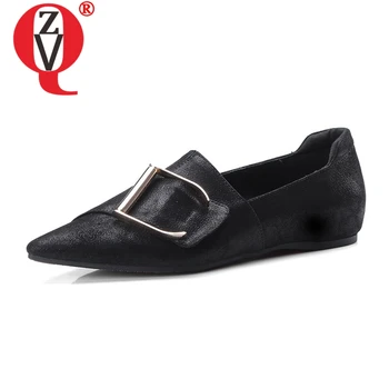 

ZVQ women shoes summer new genuine leather pointed toe metal decoration black and brown outside leisure lady flat shoes