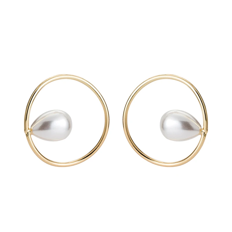 

SRCOI Gold Color Geometric Circle Embedded Irregular Teardrop Pearl Stud Earrings Asymmetrical Hollow Round Earrings For Wedding