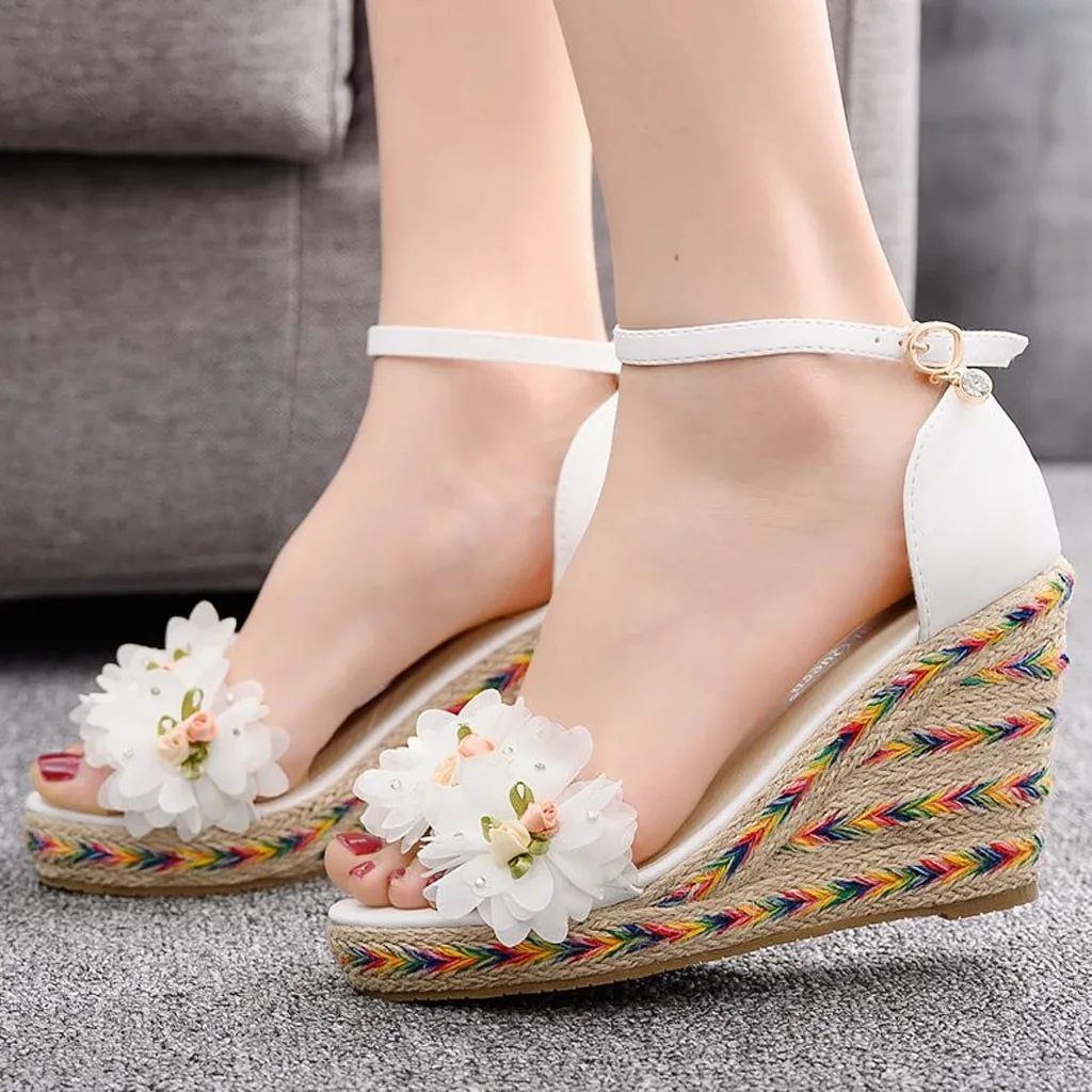 

Zapatos de mujer 2019 Women's Flower Fish Mouth Wedges Sandals Roman White Wedding Shoes Casual Peep Toe Suede Buckle Shoes