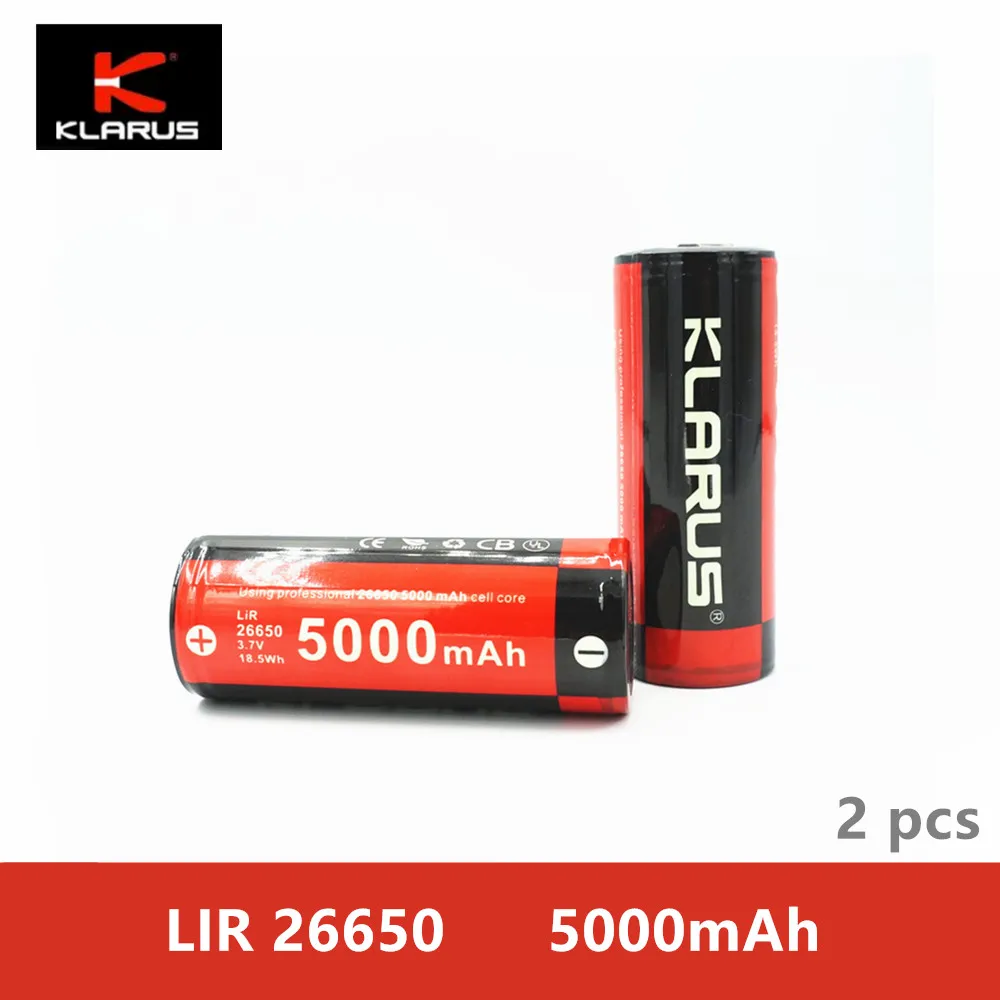 

2 pcs Klarus LiR 26650 5000mah Li-ion rechargeable battery 3.7V 18.5Wh with protection circuit 500 times charging circle life