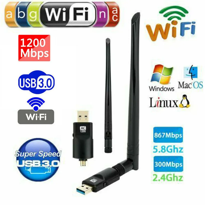 

AC1200Mbps Network Card USB3.0 Dual Band 2.4G/5G Wifi Adapter 802.11ac Wireless