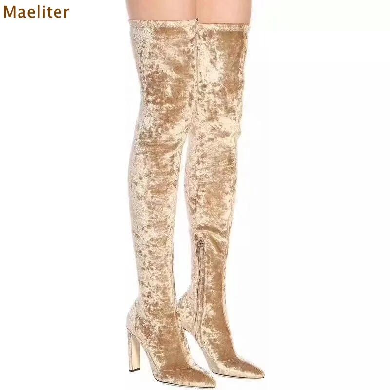 Koop Celebrity Champagne Goud Zwart Fluwelen Lange Laarzen Over de knie Puntschoen Jurk Laarzen Chunky Hak Dij Hoge laarzen Vierkante Hakken