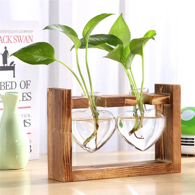 Glass Wood Vase Planter Terrarium Table Desktop Hydroponics Plant Bonsai  Flower Pot Hanging Pots with Wooden Tray