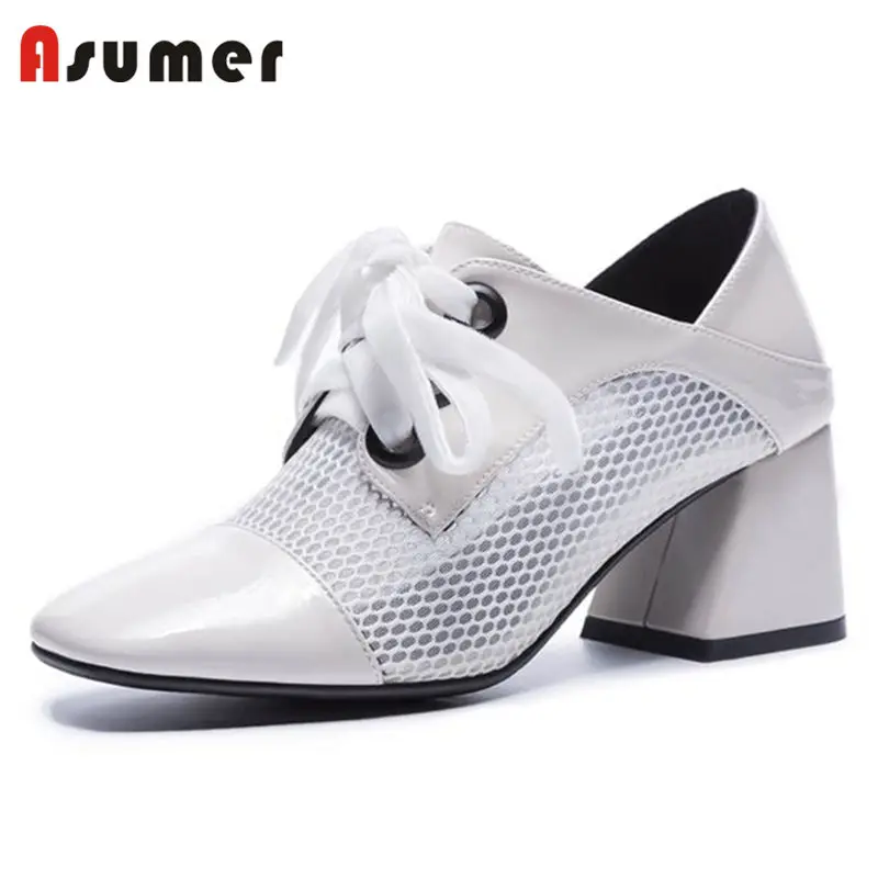 

ASUMER 2018 NEW fashion patent leather+mesh pumps women square toe sqaure high heel lace up summer shoes